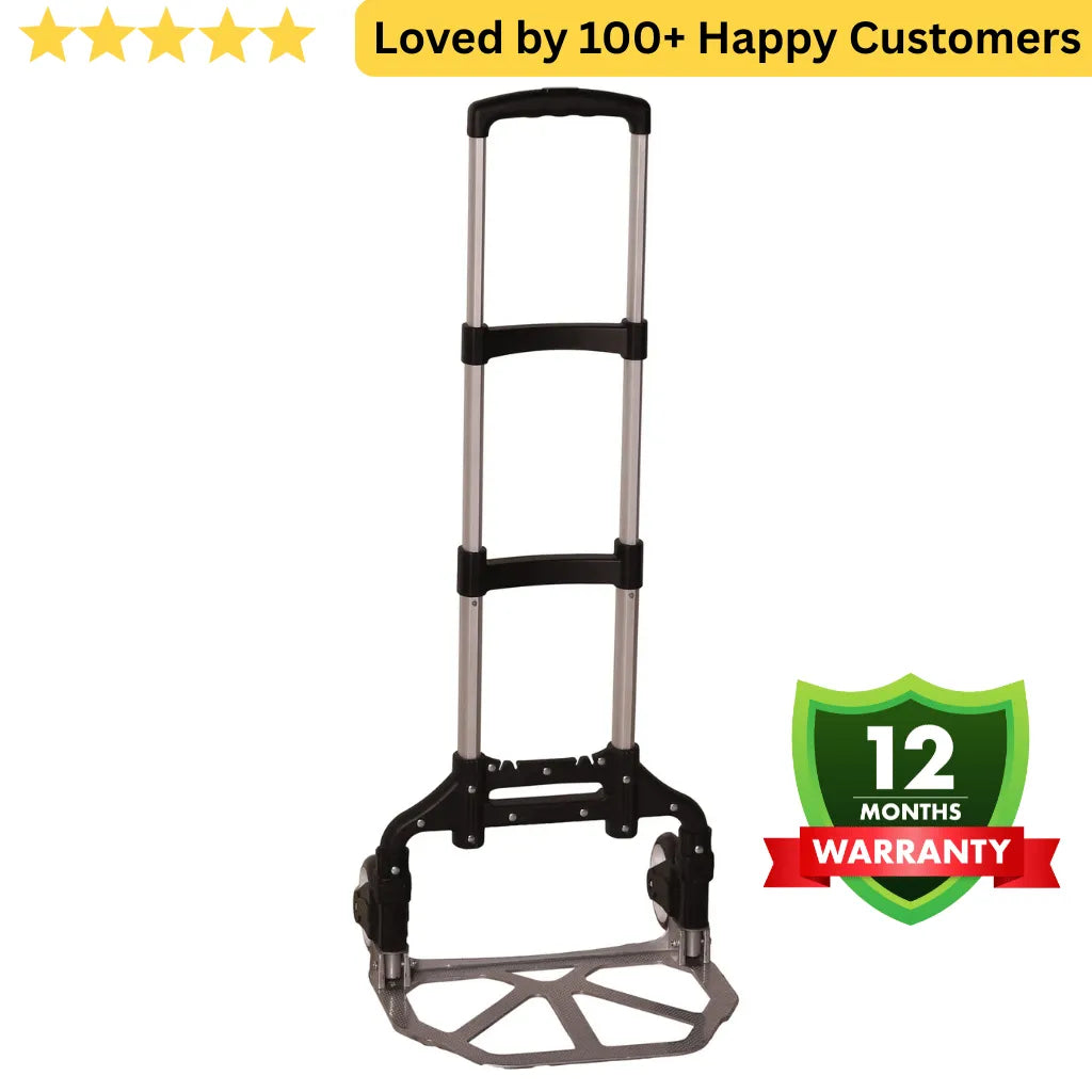 Hand truck with a 12-month warranty badge on a white background. Folding Trolley Built for Onsite Mobility 🛻