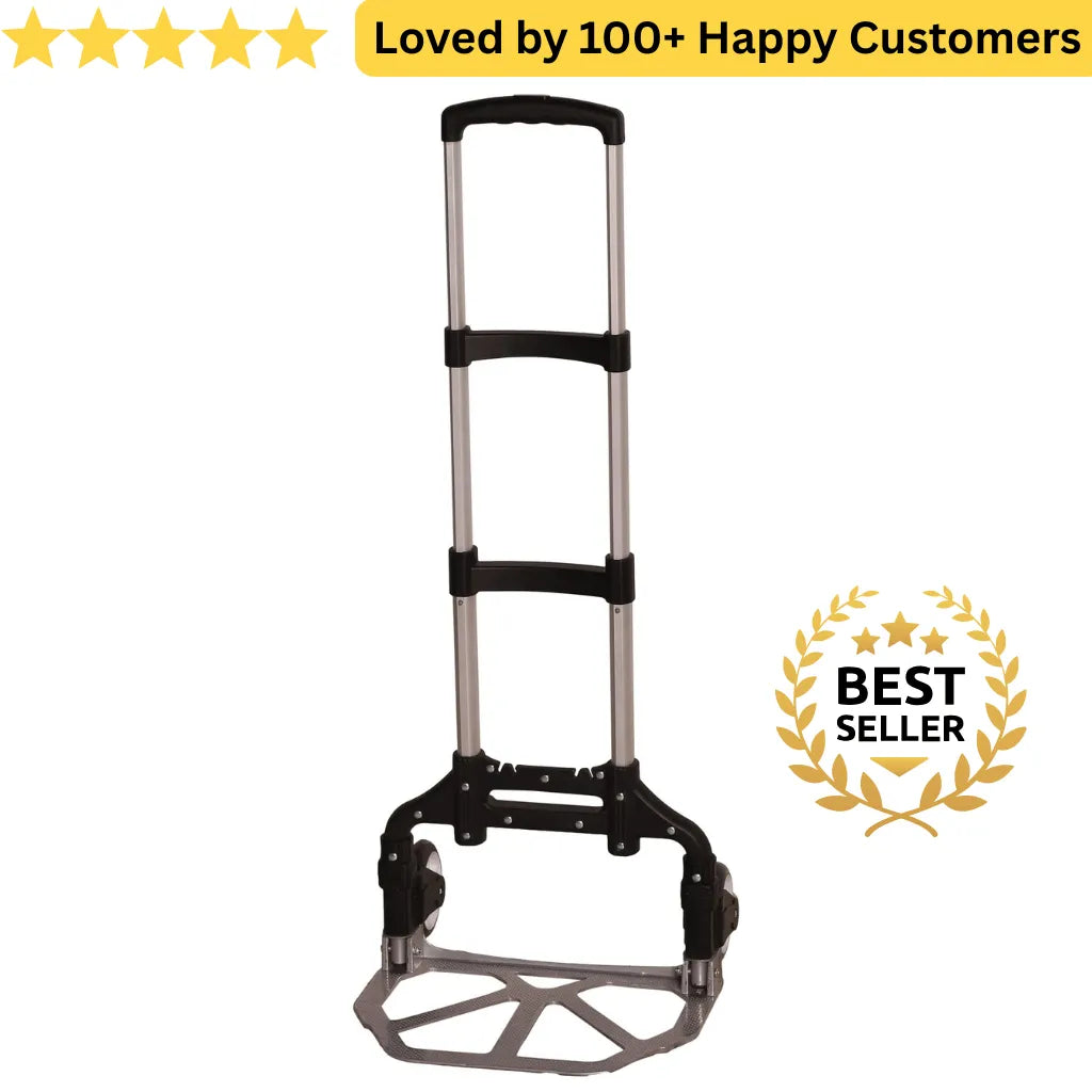 Hand truck with five-star rating and 'Best Seller' badge on a white background. Folding Trolley Built for Onsite Mobility 🛻