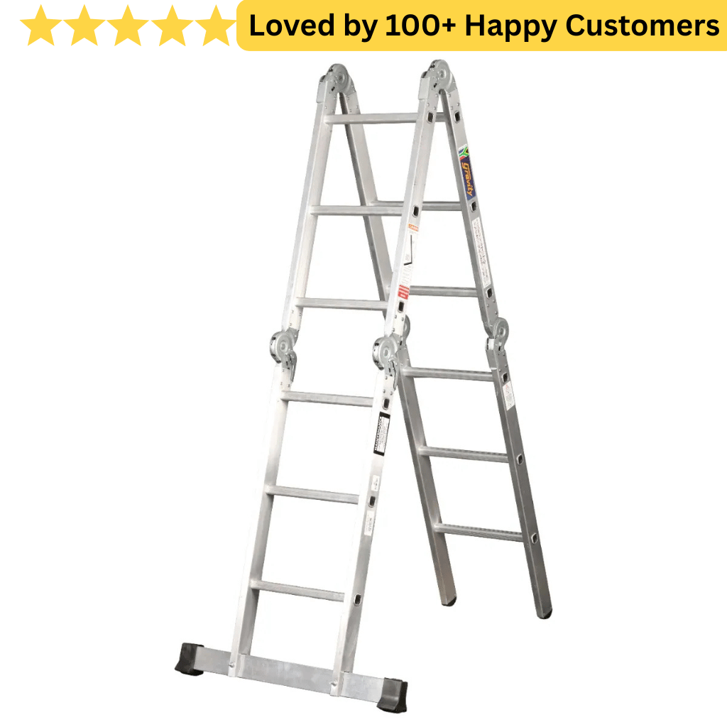 Metal ladder with text 'Loved by 100+ Happy Customers' on a white background. Reach Higher with Stable Aluminium Ladder Steps - Gravity 3.3M