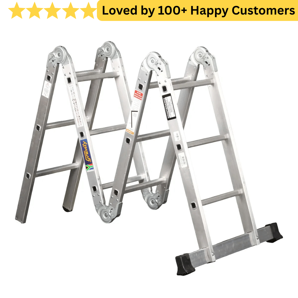 Multi-purpose ladder with 'Loved by 100+ Happy Customers' text above it on a white background. Reach Higher with Stable Aluminium Ladder Steps - Gravity 3.3M
