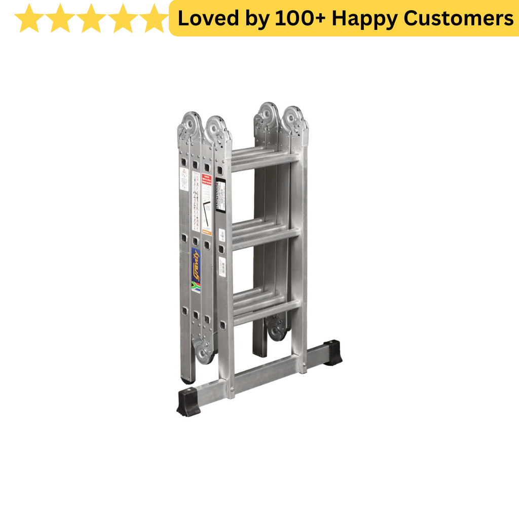 Metal ladder on a white background with text 'Loved by 100+ Happy Customers'. Reach Higher with Stable Aluminium Ladder Steps - Gravity 3.3M