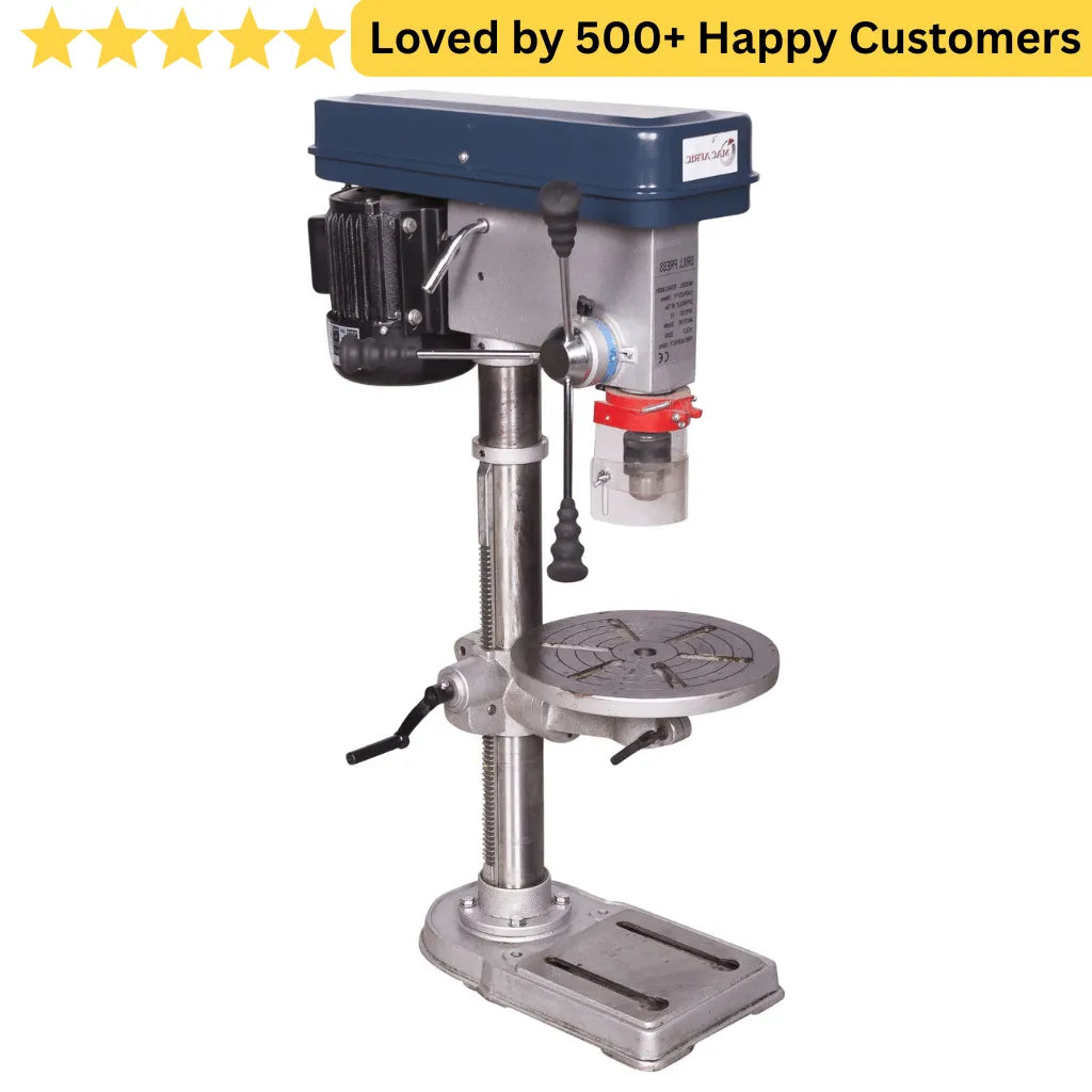 Drill press with text 'Loved by 500+ Happy Customers' on a white background. Drill Press for Sale: 16 MM Bench Drill Built for Aluminium Window Fabricators