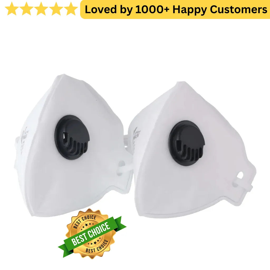 Two white face masks with black valves on a white background, featuring a 'Best Choice' badge and text about customer satisfaction.