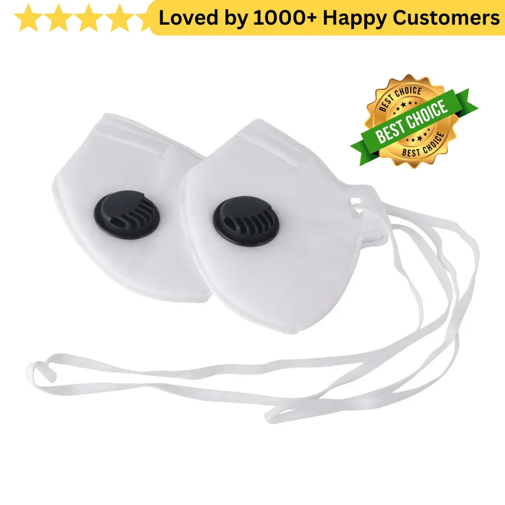 Two white face masks with black valves on a white background, featuring a 'Best Choice' badge and text about customer satisfaction. Face Mask FFP3 – Maximum Protection for Fabricators (5 Pack)