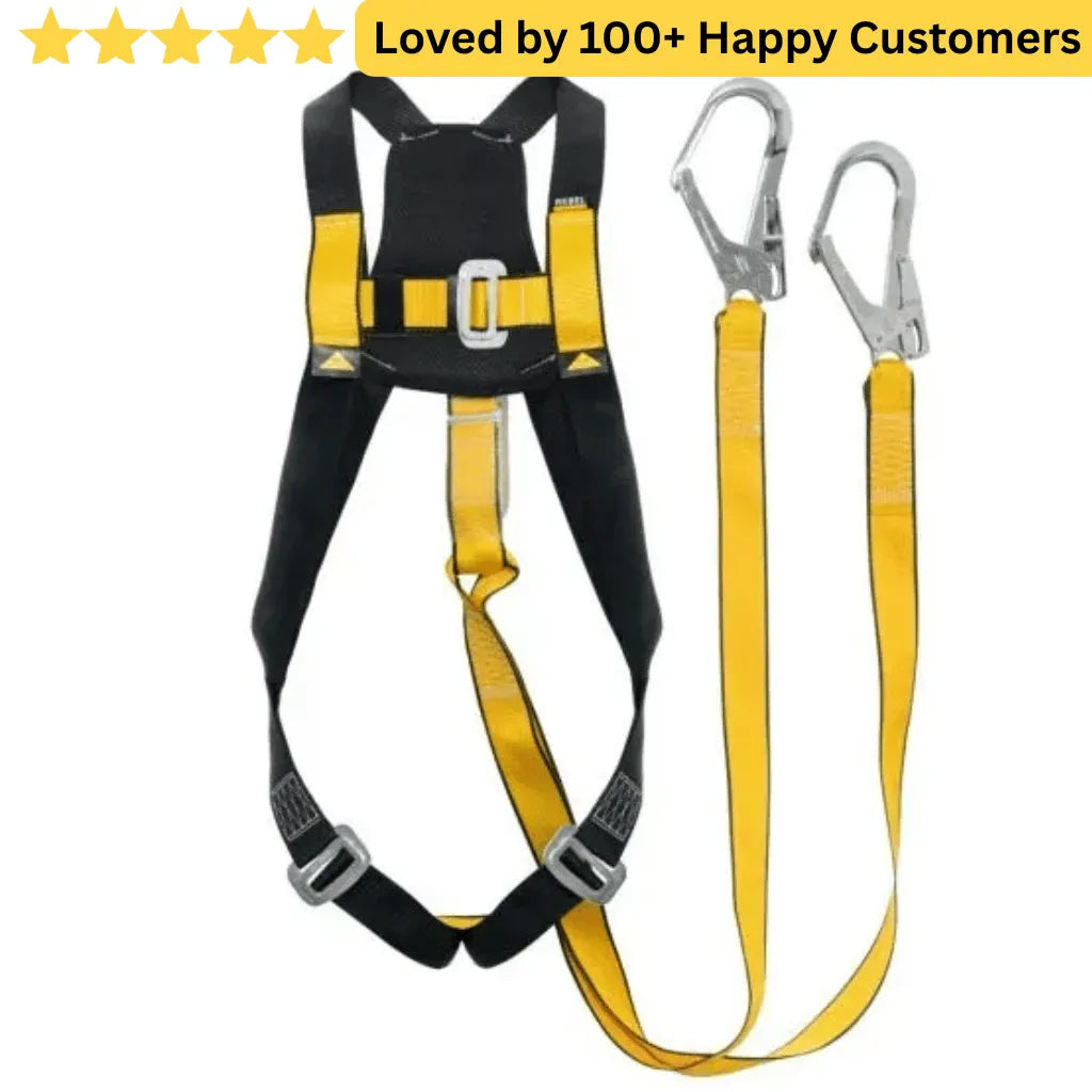 Safety harness with yellow straps and carabiners on a white background, with text 'Loved by 100+ Happy Customers'. Full Body Harness for Safe Aluminium Fabrication