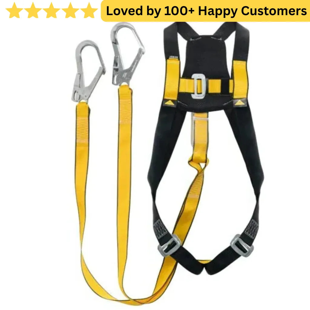 Safety harness with yellow straps on a white background, featuring text 'Loved by 100+ Happy Customers'. Full Body Harness for Safe Aluminium Fabrication