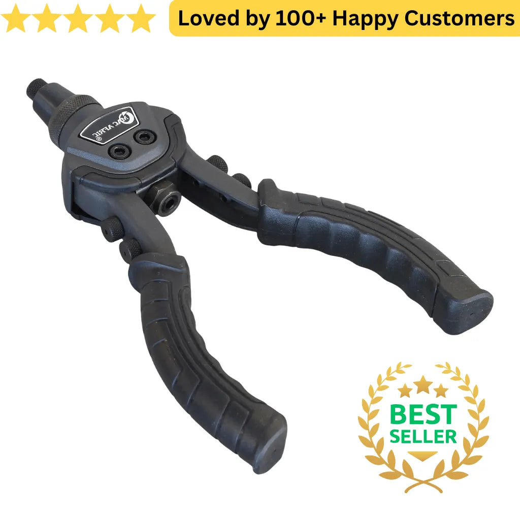 Black Hand Riveter grip with 'Best Seller' badge and customer satisfaction text on a white background. Pop Rivet Pliers for Fast Aluminium Frame Partitioning