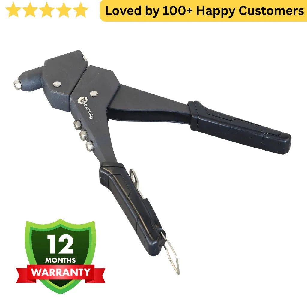 Black hand riveter with a warranty badge on a white background. Hand Riveter for Aluminium Frame Assembly 360 Degree