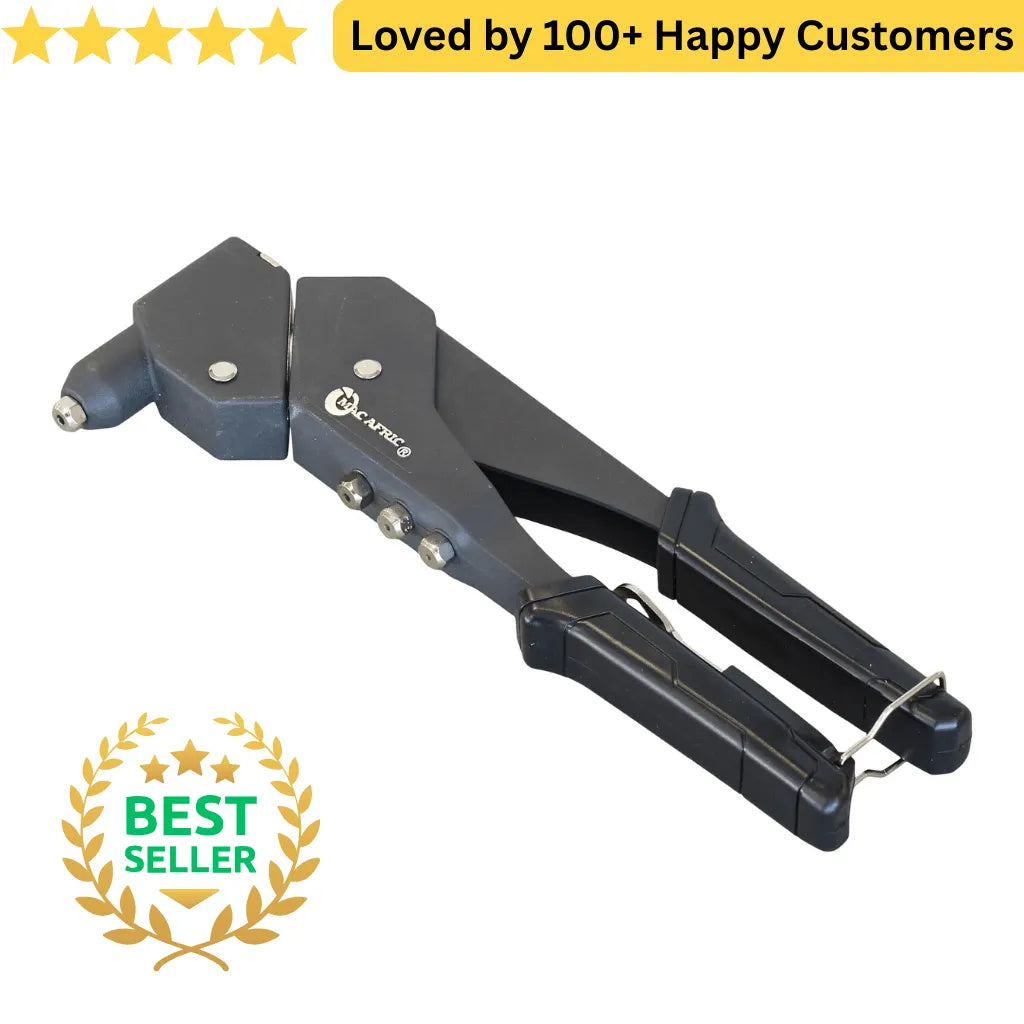 Black hand riveter with 'Best Seller' badge and customer satisfaction text on a white background. Hand Riveter for Aluminium Frame Assembly 360 Degree