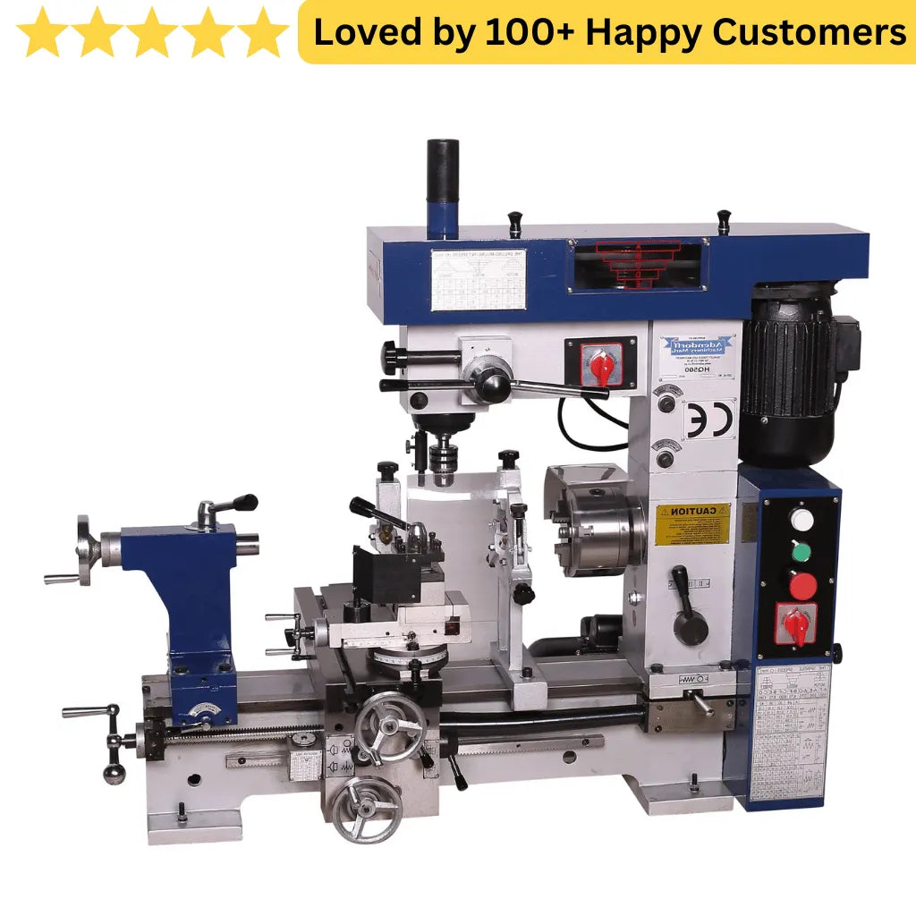 Metal lathe machine with blue and white design on a white background, featuring five-star rating and customer satisfaction text. Boost Output with Lathe Drill Mill Combo for Sale HQ500