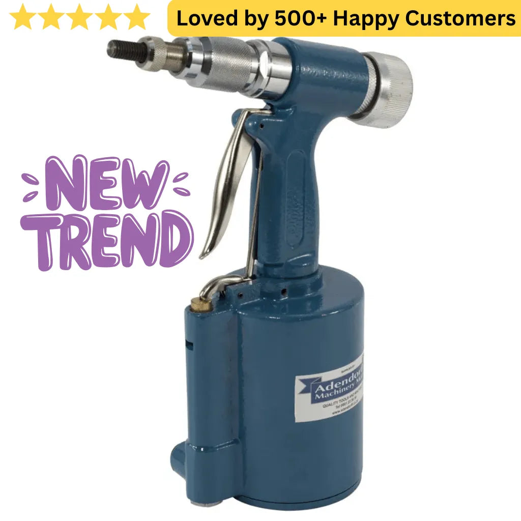 Blue pneumatic nail gun with 'New Trend' and customer satisfaction text on a white background. Air Hydraulic Semi Automatic Pop Rivet Gun: Fast M4–M10 Nut Rivet Installs for Window Builds