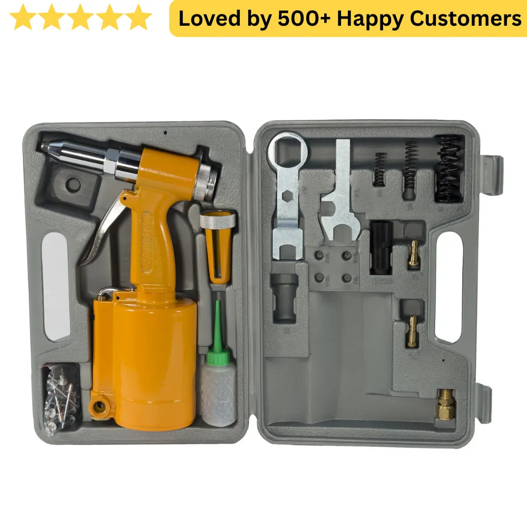 Tool kit with a yellow tool and accessories in a gray case, featuring five-star rating text. Pop Rivets Tool for High-Volume Frame Assembly Hydraulic