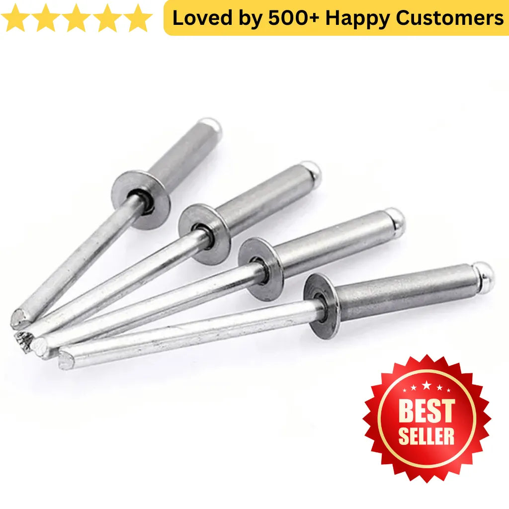 Set of metal rivets with a 'Best Seller' badge and text 'Loved by 500+ Happy Customers' on a white background. Pop Rivets Packs – 4.8 x 15 mm Aluminium Dome Head (200 units)