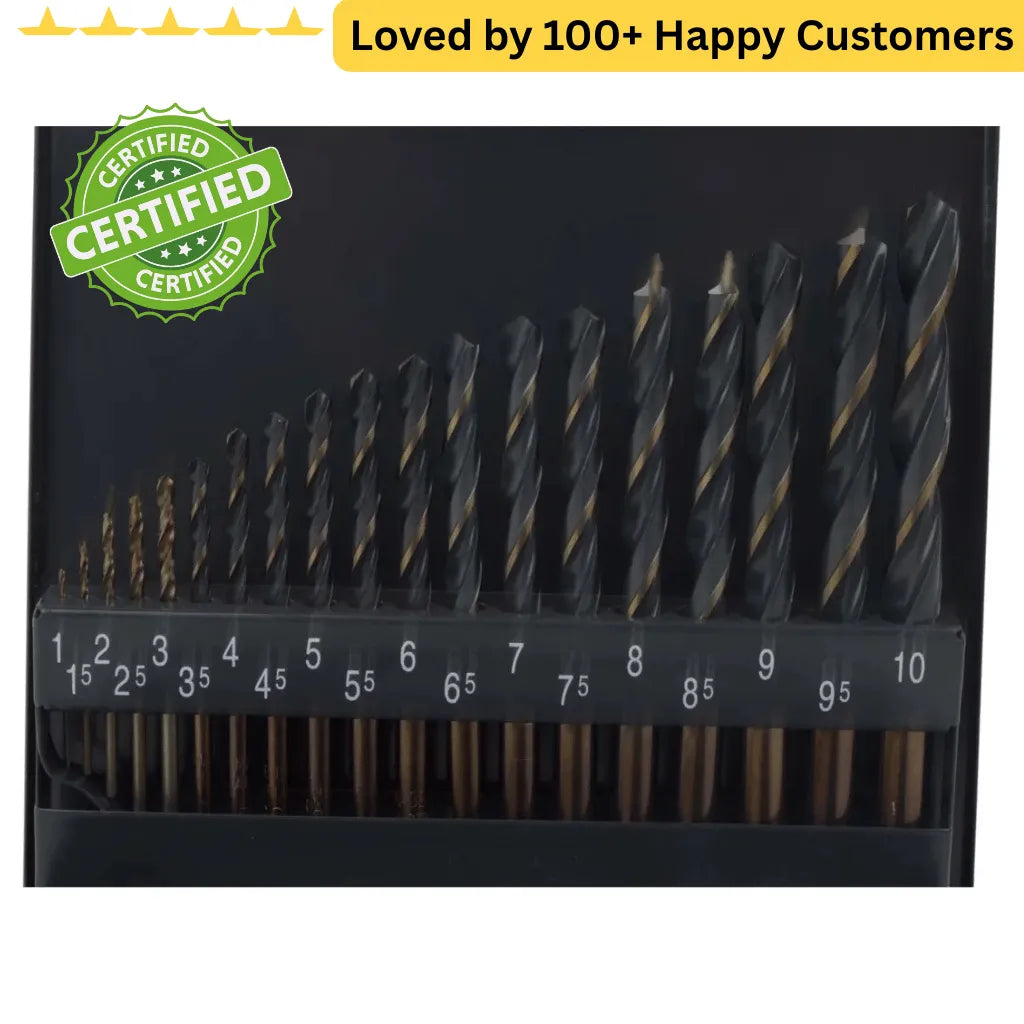 Set of drill bits in a case with a 'Certified' badge and text 'Loved by 100+ Happy Customers'. Set of Drill Bits for Fast, Precise Metalwork ALPEN 19-Piece HSS (1-10mm)