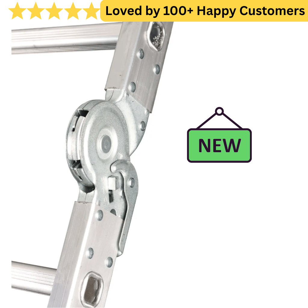 Metallic door hinge with 'NEW' label and five-star rating text on a white background. Reach Higher with Stable Aluminium Ladder Steps - Gravity 3.3M