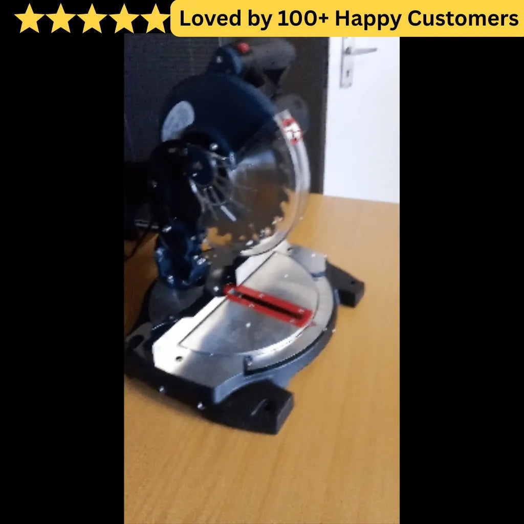 Circular saw on a wooden surface with text 'Loved by 100+ Happy Customers' at the top. Boost Speed, Accuracy & Quality with AluCrimp Cutting Machine South Africa