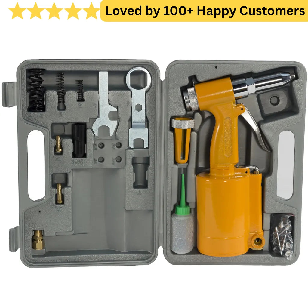 Yellow pneumatic tool in a gray case with various attachments, loved by 100+ happy customers text above. Pop Rivets Heavy Duty Kit: Fast, Clean Riveting for Aluminium Profiles. Pop Rivets Tool for High-Volume Frame Assembly Hydraulic