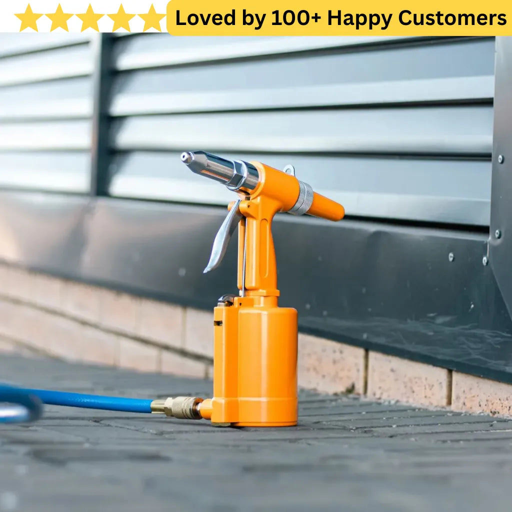 Orange air gun with a hose on a wooden surface, with text 'Loved by 100+ Happy Customers' above. Pop Rivet Tool for Clean Riveting for Window Fabrication