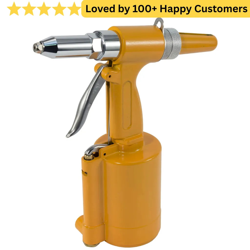 Yellow riveting gun on a white background with text 'Loved by 100+ Happy Customers'. Pop Rivet Tool for Clean Riveting for Window Fabrication