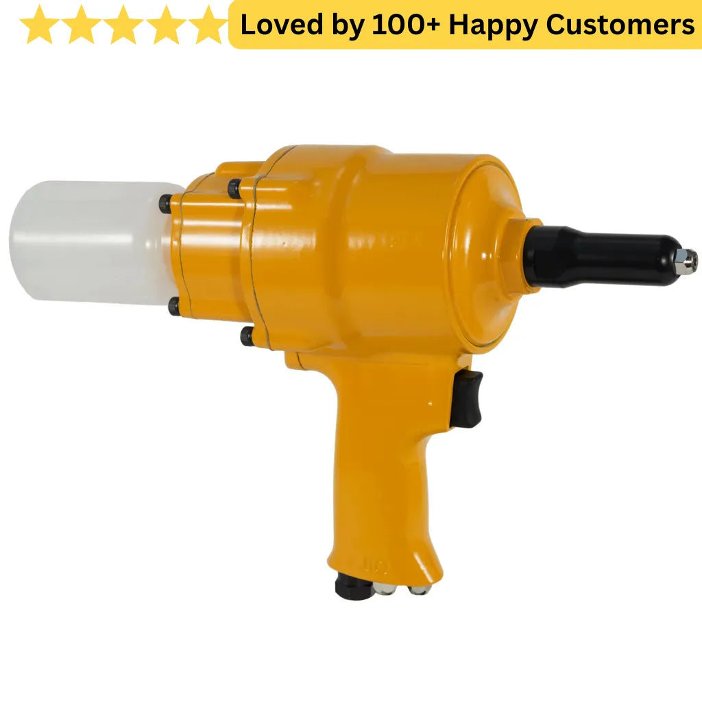 Yellow pneumatic nail gun on a white background with text 'Loved by 100+ Happy Customers'. 🔩 Pop Rivet Gun Price for Small Businesses