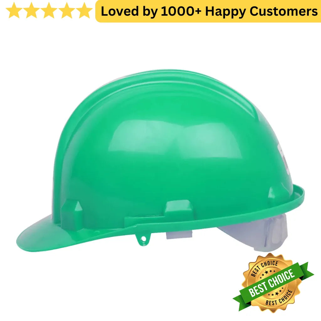 Green hard hat with a clear visor on a white background, featuring a 'Best Choice' badge and text about customer love. 2 X Hard Hat for Industrial & Fabrication Safety