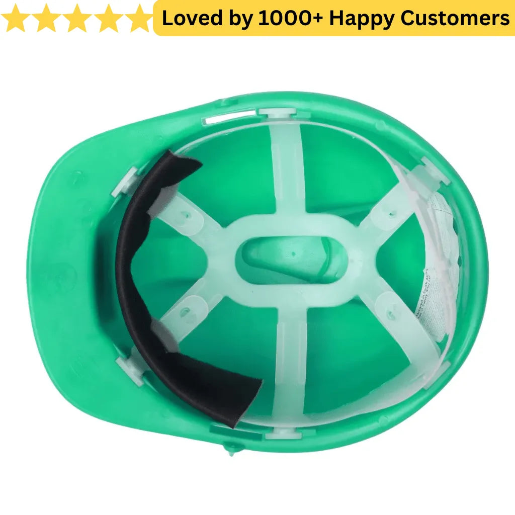 Green hard hat with a black strap on a white background, featuring text 'Loved by 1000+ Happy Customers'. 2 X Hard Hat for Industrial & Fabrication Safety