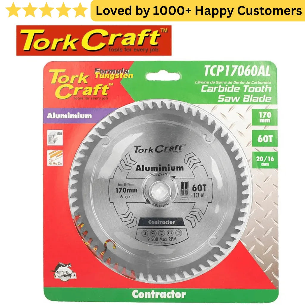 Tork Craft carbide tooth saw blade packaging with product details on a white background. Aluminium Contractors Blade - 210 x 60T 30/16