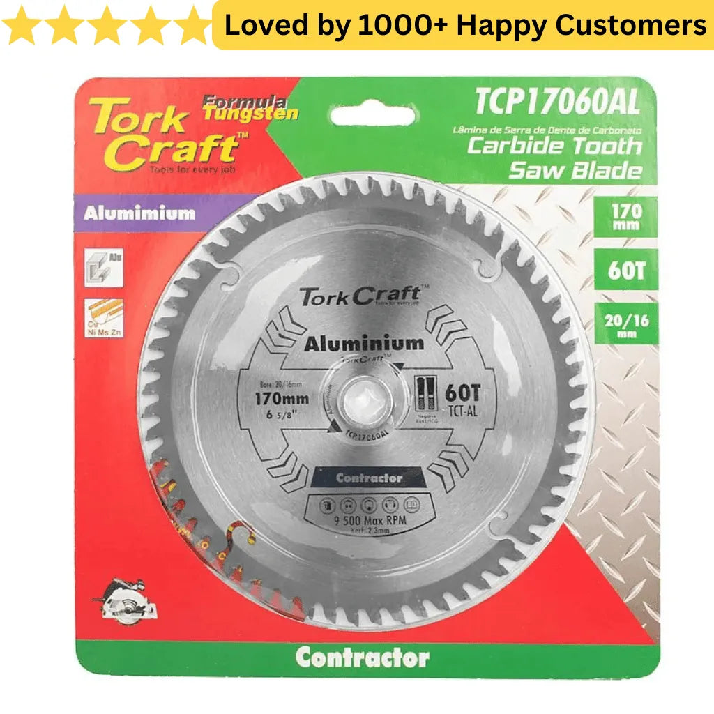 Tork Craft saw blade in packaging with brand name and product details. Aluminium Contractors Blade - 210 x 60T 30/16