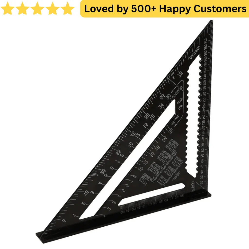 Black triangular ruler with measurement scales on a white background, featuring text 'Loved by 500+ Happy Customers'. Engineer’s Square for Precise Frame Assembly - 12"