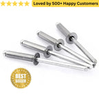 Metal rivets on a white background with a 'Best Seller' badge and text about customer satisfaction. Aluminium Pop Rivets