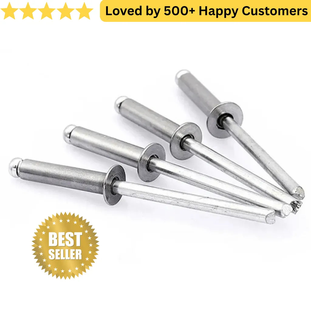 Metal rivets on a white background with a 'Best Seller' badge and text about customer satisfaction. Aluminium Pop Rivets