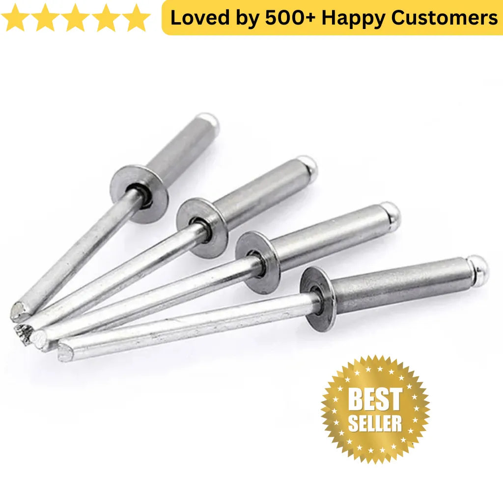 Set of metal rivets with a 'Best Seller' badge and text 'Loved by 500+ Happy Customers' on a white background. Aluminium Pop Rivets