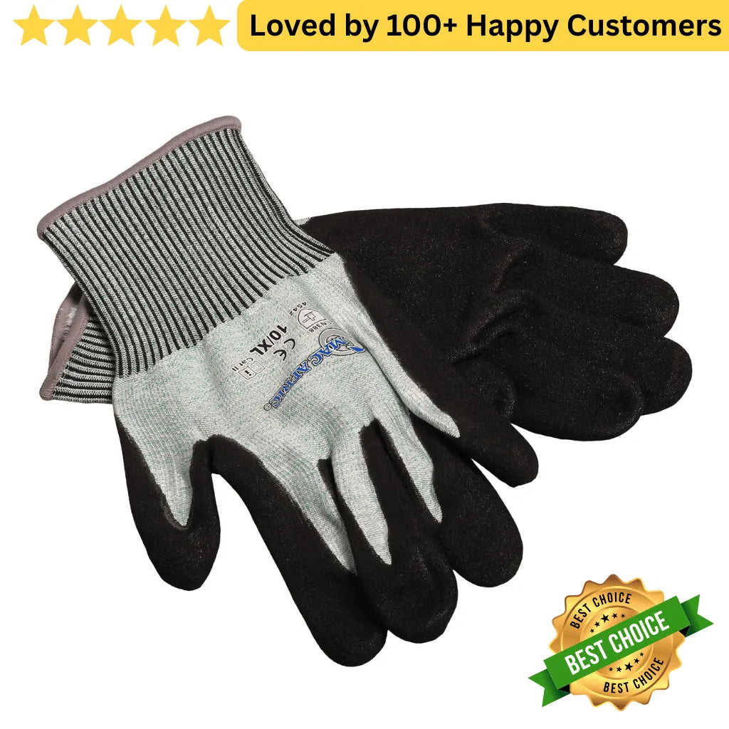 Pair of gray and black gloves with a 'Best Choice' badge on a white background.  Cut Resistant  Gloves 