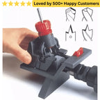 Hand holding a tool with red components, surrounded by icons and text on a white background. Sharpen HSS bits for clean, accurate drilling in aluminium profiles