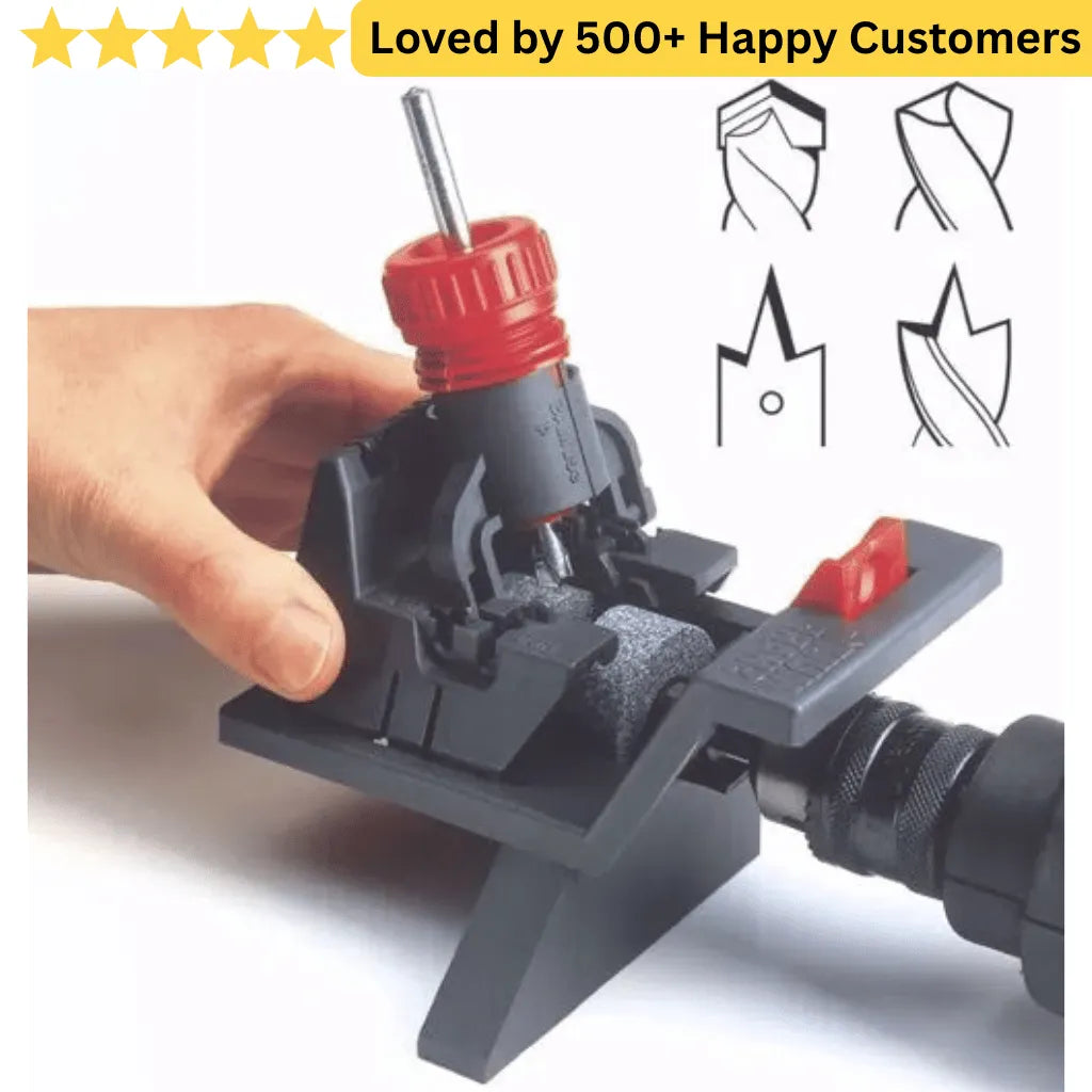 Hand holding a tool with red components, surrounded by icons and text on a white background. Sharpen HSS bits for clean, accurate drilling in aluminium profiles