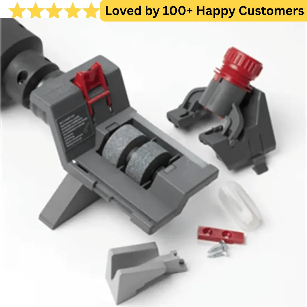 Tool with multiple attachments on a white background, labeled 'Loved by 100+ Happy Customers'. Sharpen HSS bits for clean, accurate drilling in aluminium profiles