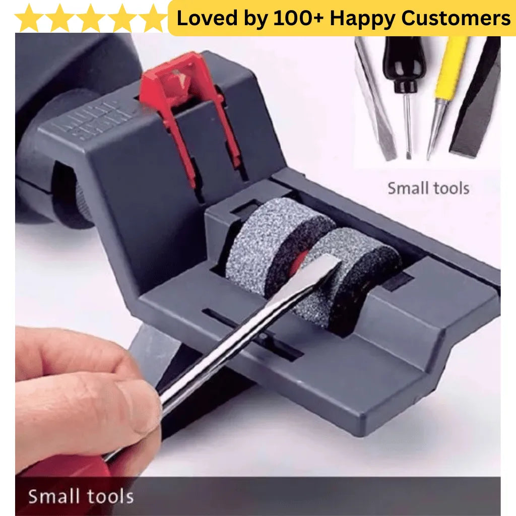 Tool sharpener with a hand holding a small tool, surrounded by various tools on a white background. Sharpen HSS bits for clean, accurate drilling in aluminium profiles