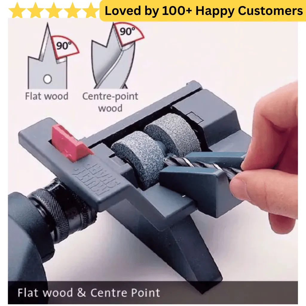 Tool for drilling flat wood and center-point wood with a hand holding it, surrounded by text about customer satisfaction. Sharpen HSS bits for clean, accurate drilling in aluminium profiles