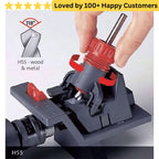Hand using a drill bit holder with text indicating 'Loved by 100+ Happy Customers'. Sharpen HSS bits for clean, accurate drilling in aluminium profiles