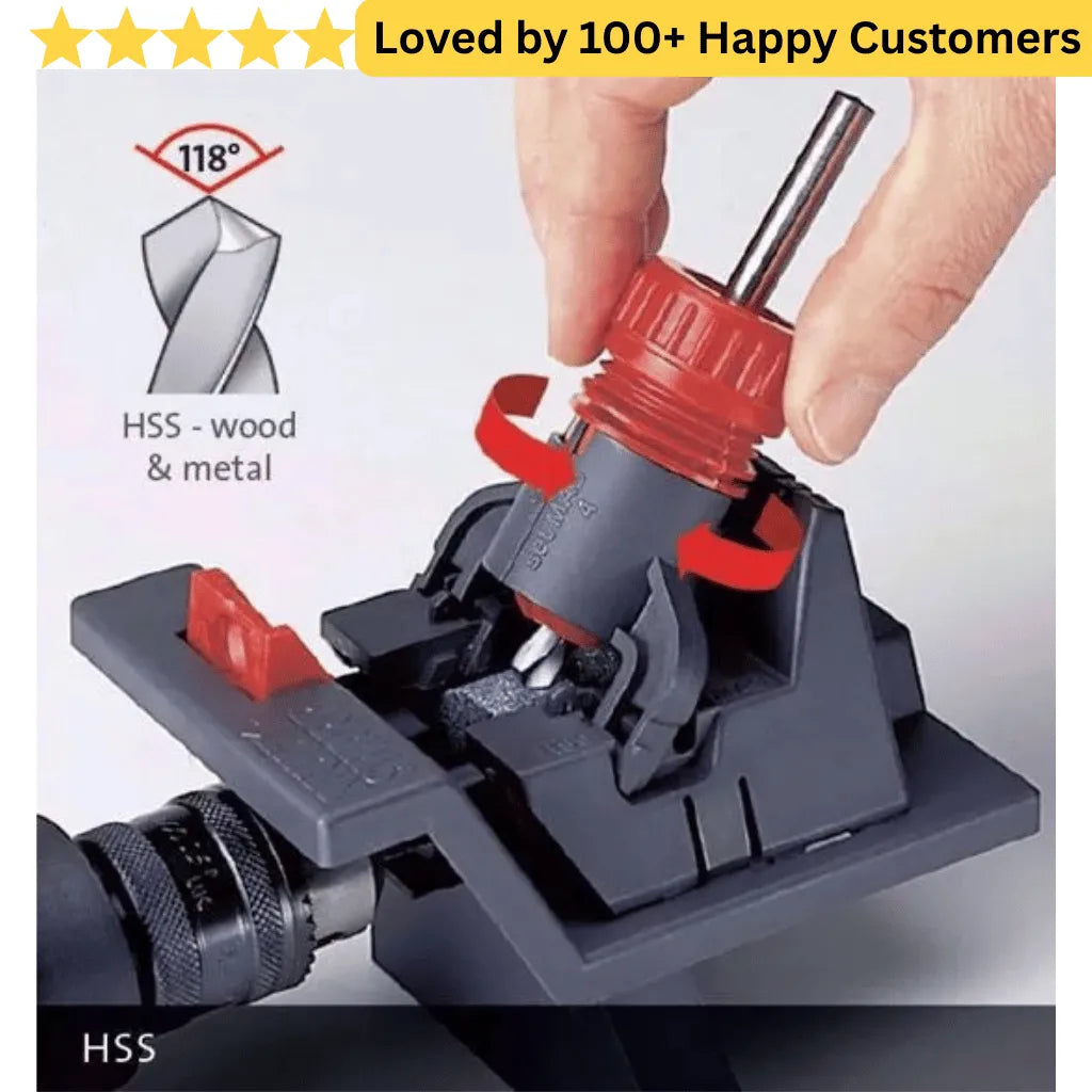 Hand using a drill bit holder with text indicating 'Loved by 100+ Happy Customers'. Sharpen HSS bits for clean, accurate drilling in aluminium profiles
