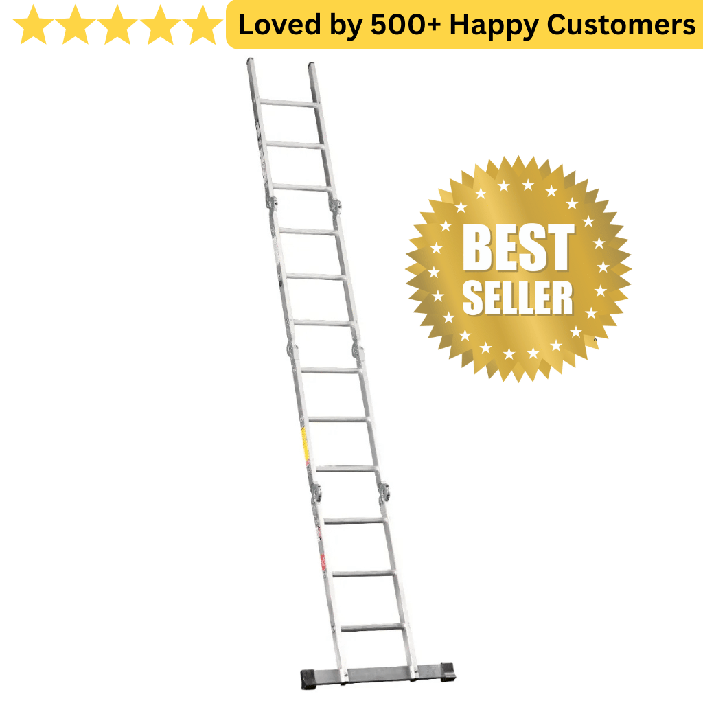 Metal ladder with 'Best Seller' badge and customer satisfaction text on a white background.  Reach Higher with Stable Aluminium Ladder Steps - Gravity 3.3M