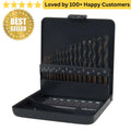 Black drill bit set in a case with a 'Best Seller' badge and customer satisfaction text on a white background. Set of Drill Bits for Fast, Precise Metalwork ALPEN 19-Piece HSS (1-10mm)