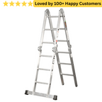 Metal ladder with text 'Loved by 100+ Happy Customers' on a white background. Reach Higher with Stable Aluminium Ladder Steps - Gravity 3.3M