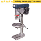 Drill press with text 'Loved by 500+ Happy Customers' on a white background. Drill Press for Sale: 16 MM Bench Drill Built for Aluminium Window Fabricators