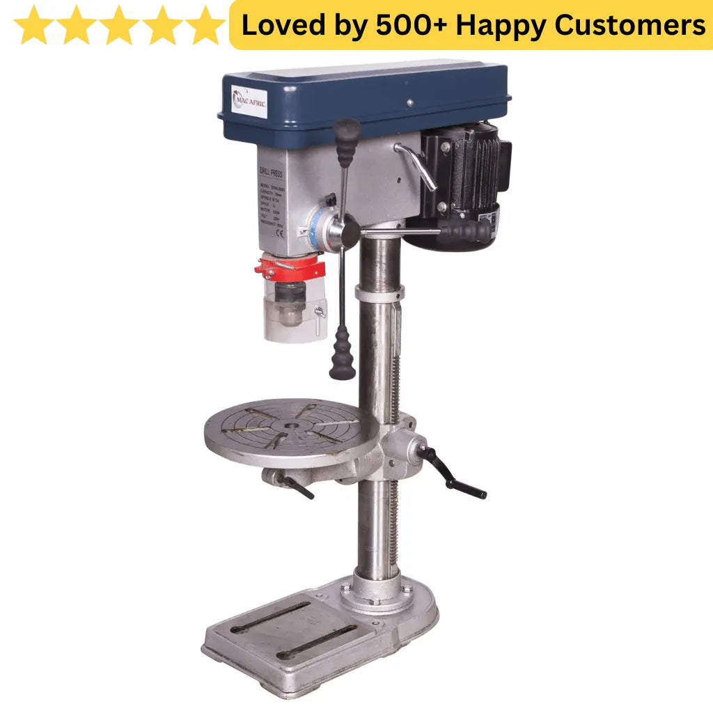 Drill press with text 'Loved by 500+ Happy Customers' on a white background. Drill Press for Sale: 16 MM Bench Drill Built for Aluminium Window Fabricators
