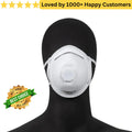 White face mask on a black mannequin head with 'Best Choice' badge and text 'Loved by 1000+ Happy Customers'. Affordable Dust Mask FFP2 for Lead, Smoke &amp; Aerosol Particle Safety