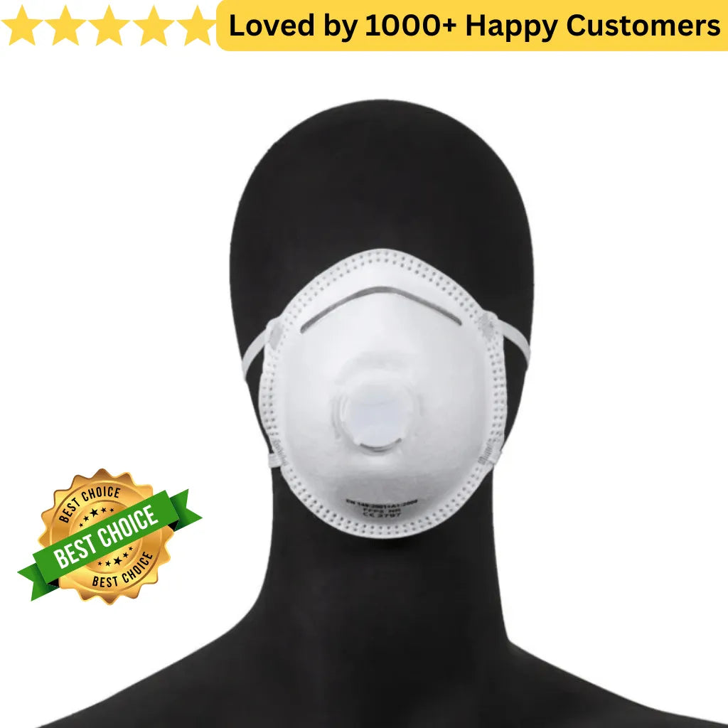 White face mask on a black mannequin head with 'Best Choice' badge and text 'Loved by 1000+ Happy Customers'. Affordable Dust Mask FFP2 for Lead, Smoke &amp; Aerosol Particle Safety