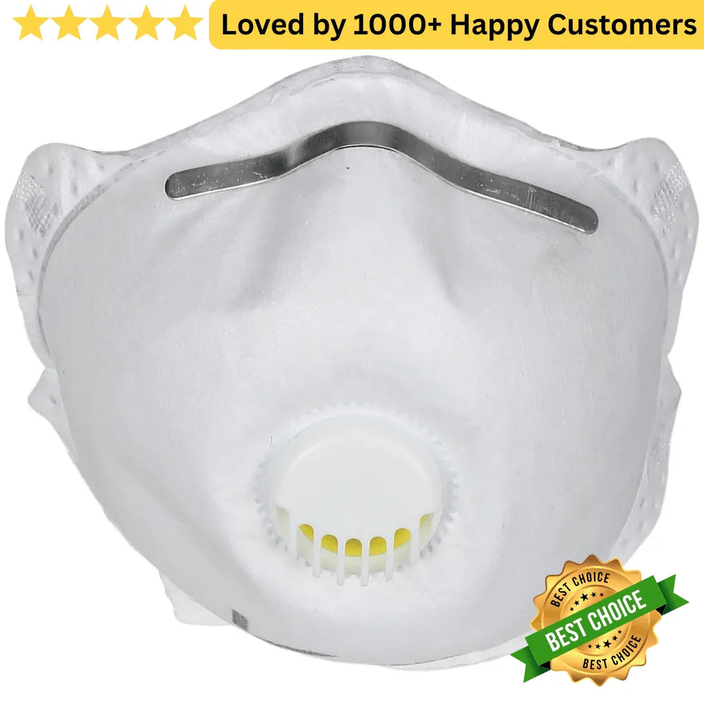 White face mask with a 'Best Choice' badge on a white background. Affordable Dust Mask FFP2 for Lead, Smoke &amp; Aerosol Particle Safety