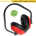Red and black ear protectors with a green certification badge on a white background. Ear Muffs Protect Hearing in Noisy Aluminium Workshops (Red)