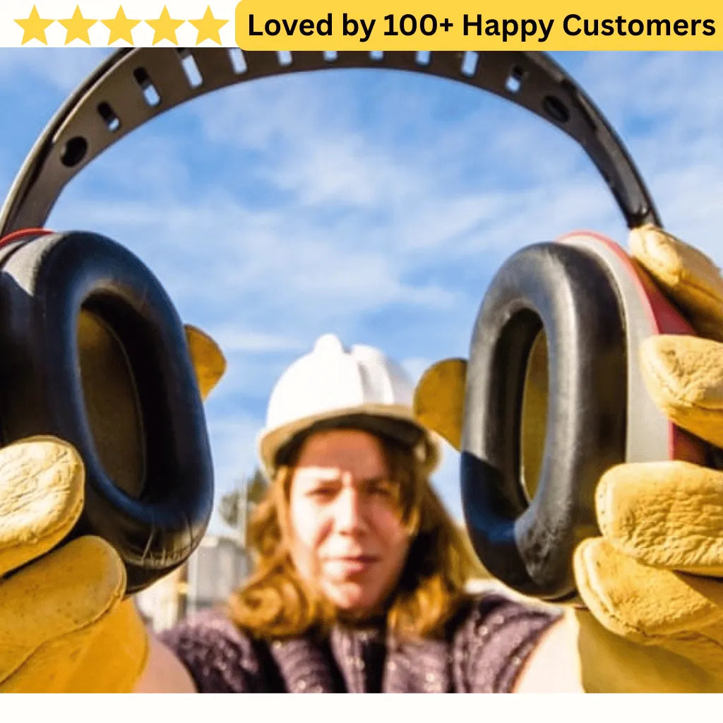 Person wearing a hard hat and gloves holding large black rings with a blue sky background and text 'Loved by 100+ Happy Customers'. Ear Muffs Protect Hearing in Noisy Aluminium Workshops (Red)
